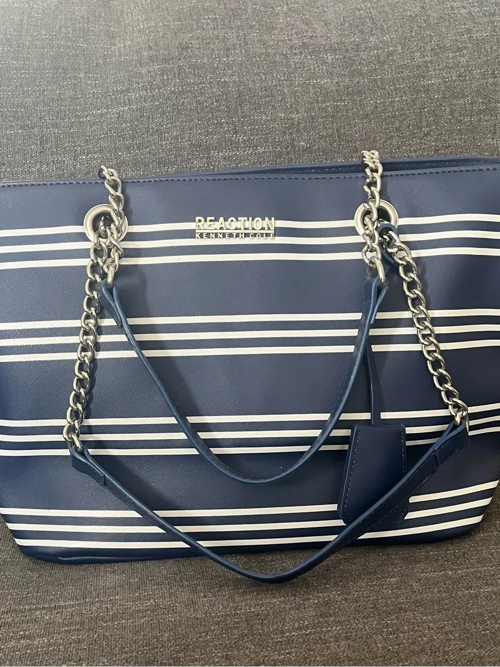 Kenneth Cole Navy and White Striped Chain-Handle Tote